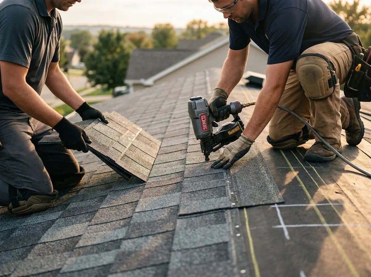 Professional roofer working on a residential roof in Ambridge